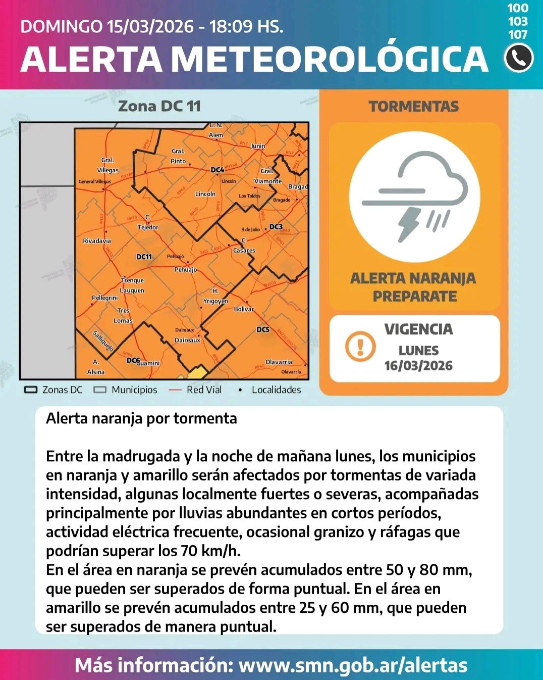 TRENQUE LAUQUEN EN ALERTA NARANJA POR TEMPORAL
